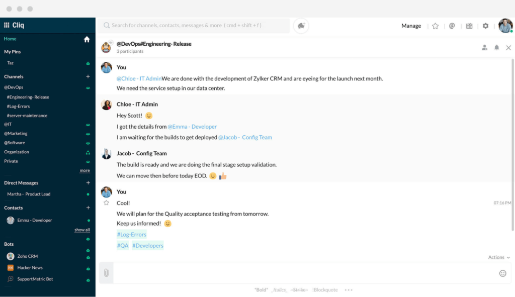 zoho cliq free messaging