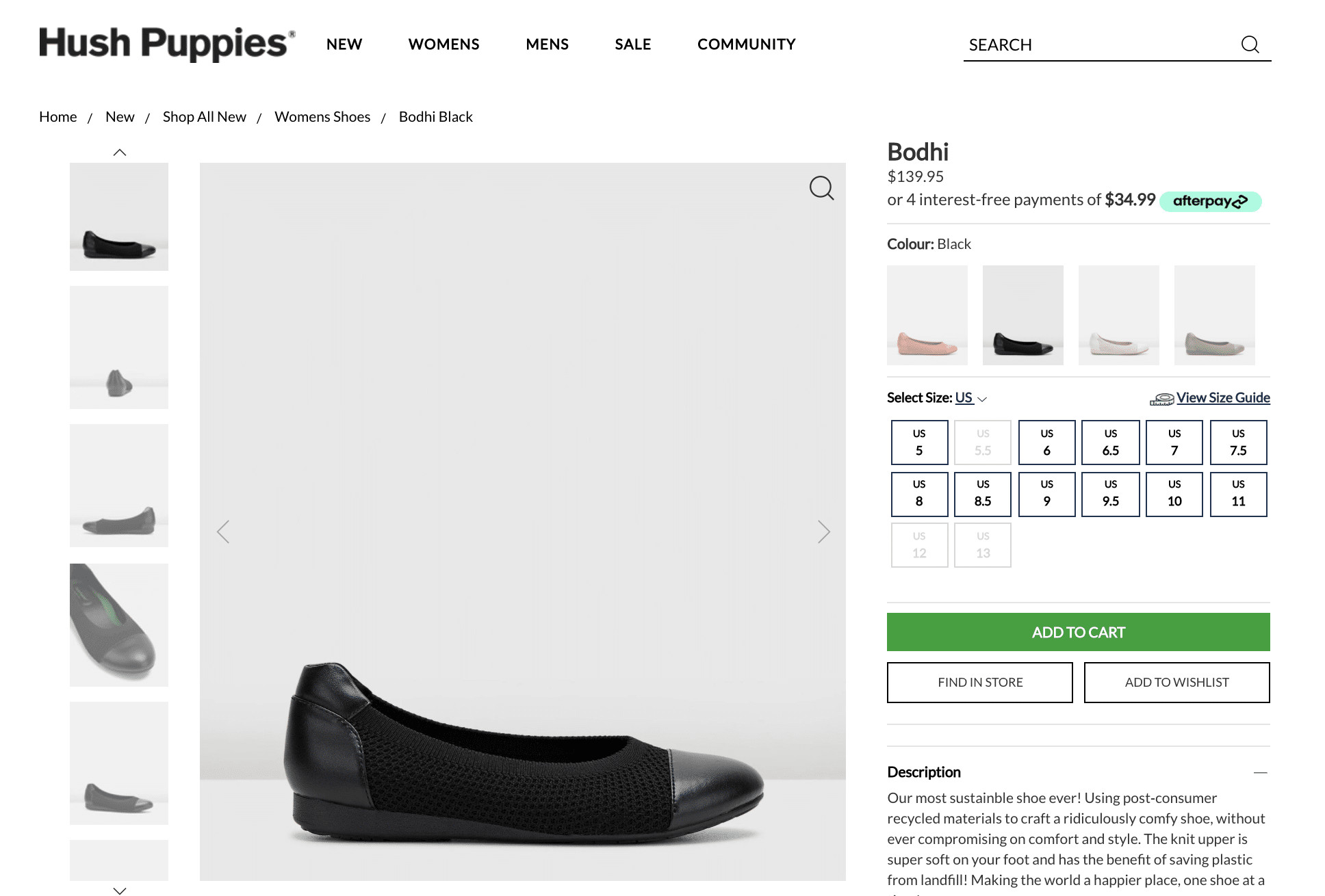 Hush Puppies provides extensive product pages so consumers can view shoes in large, detailed photographs.