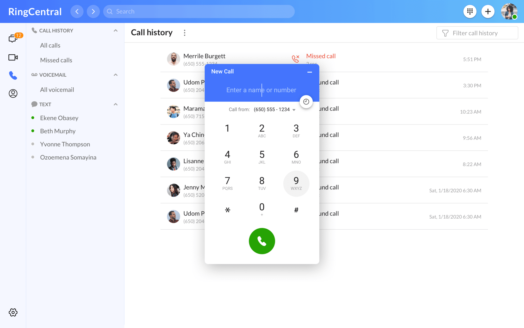 Call history dialpad RingCentral Office product