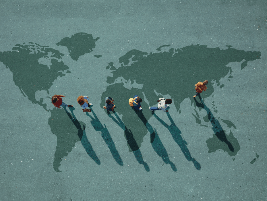 6 people walking across a map of the Earth