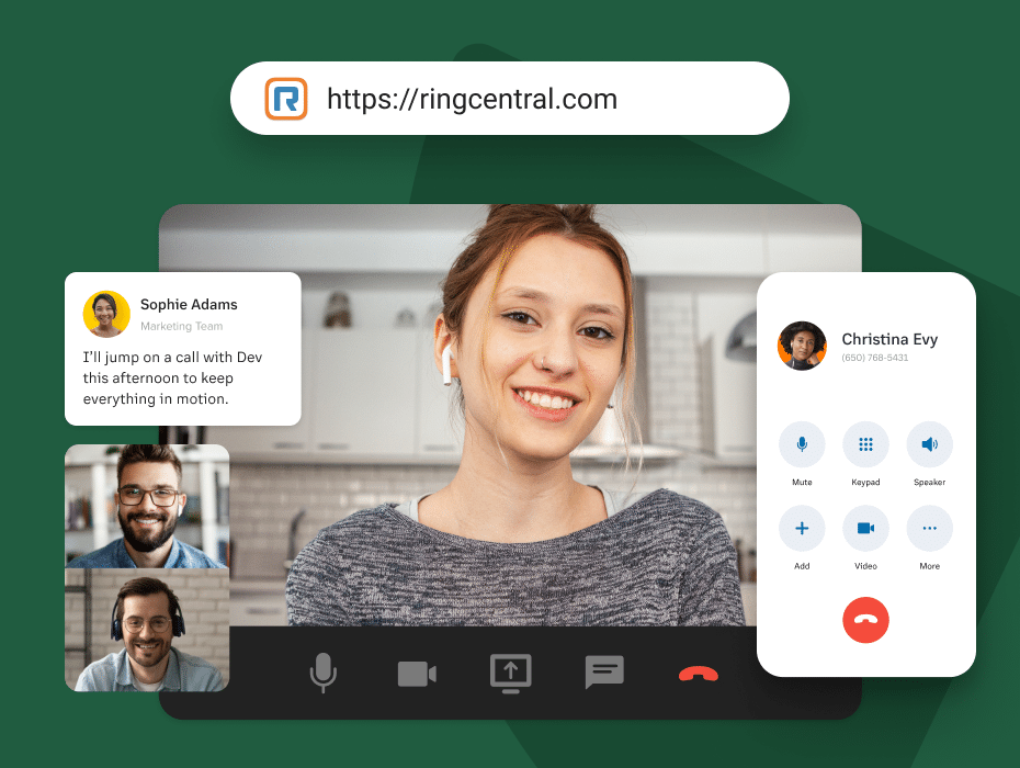 Woman smiling in video meeting with RingCentral's smartphone calling UI on the right and address bar above her