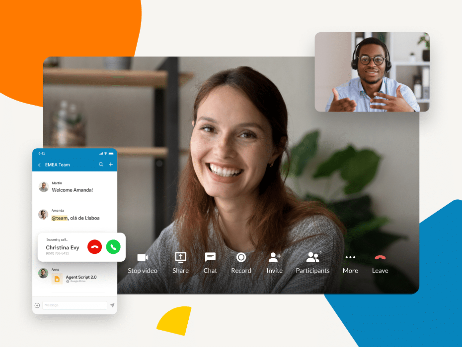 Woman and man meet over video conferencing with smartphone interface of the RingCentral app