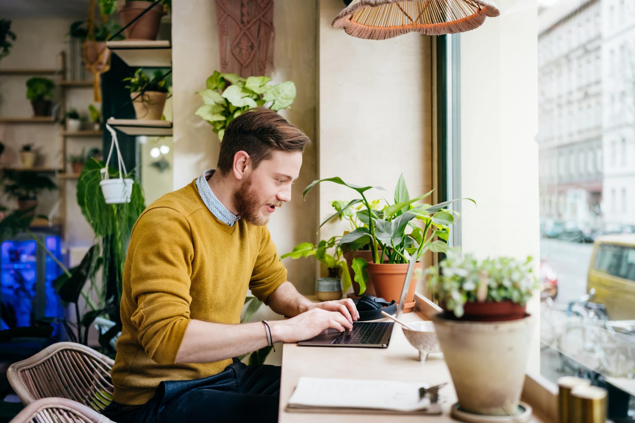 A young man sitting in a small café filled with green plants using his laptop.