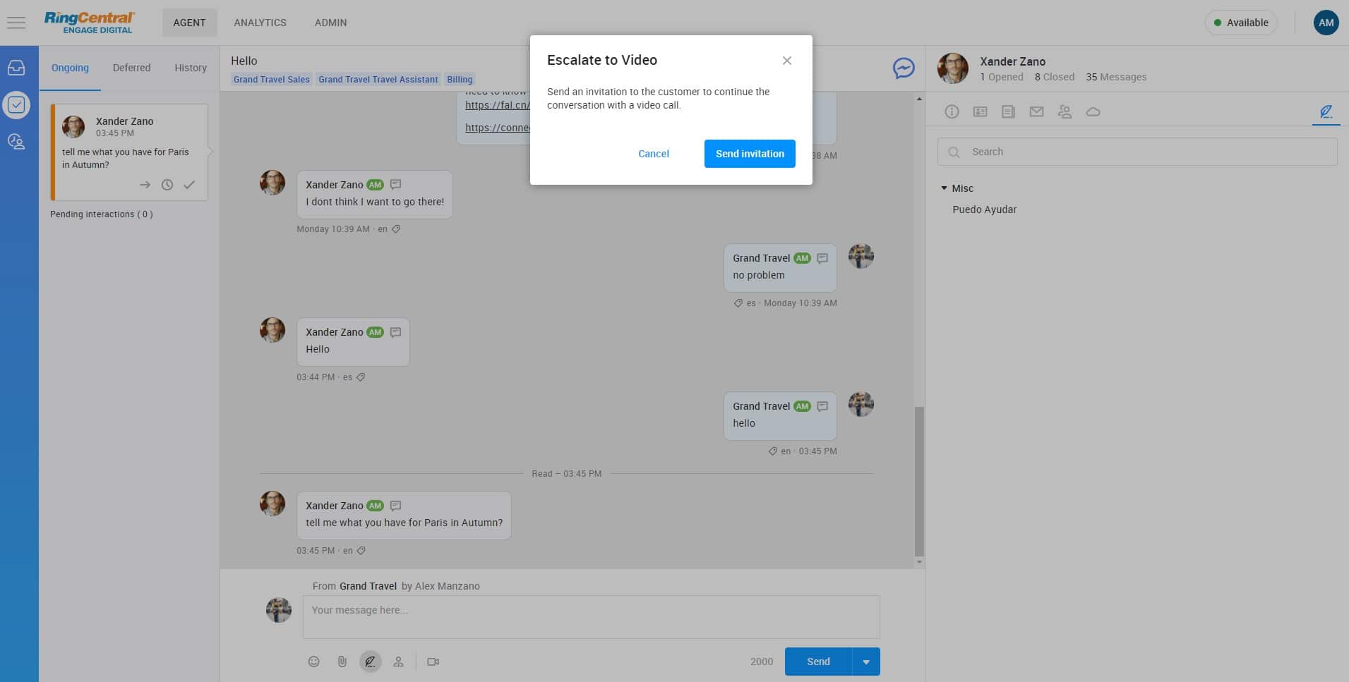 Escalate your customer engagement experience using video chat. Demo shows a chat and a pop up asking to video chat.