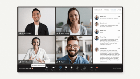 A RingCentral Video meeting with meeting transcript in the right panel