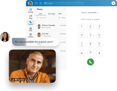 Complex Image (multiple images in one) Image 1: The phone interface including dialpad of the RingCentral App Image 2: A lady asking someone if they are available for a quick sync Image 3: A man on a RingCentral Video call