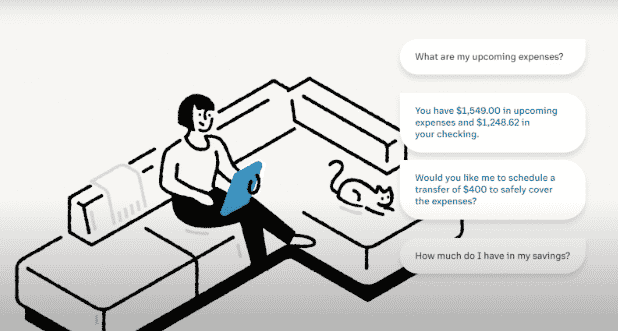 A drawing of a woman sitting on her couch, next to her cat, with a chat with a contact center agent.