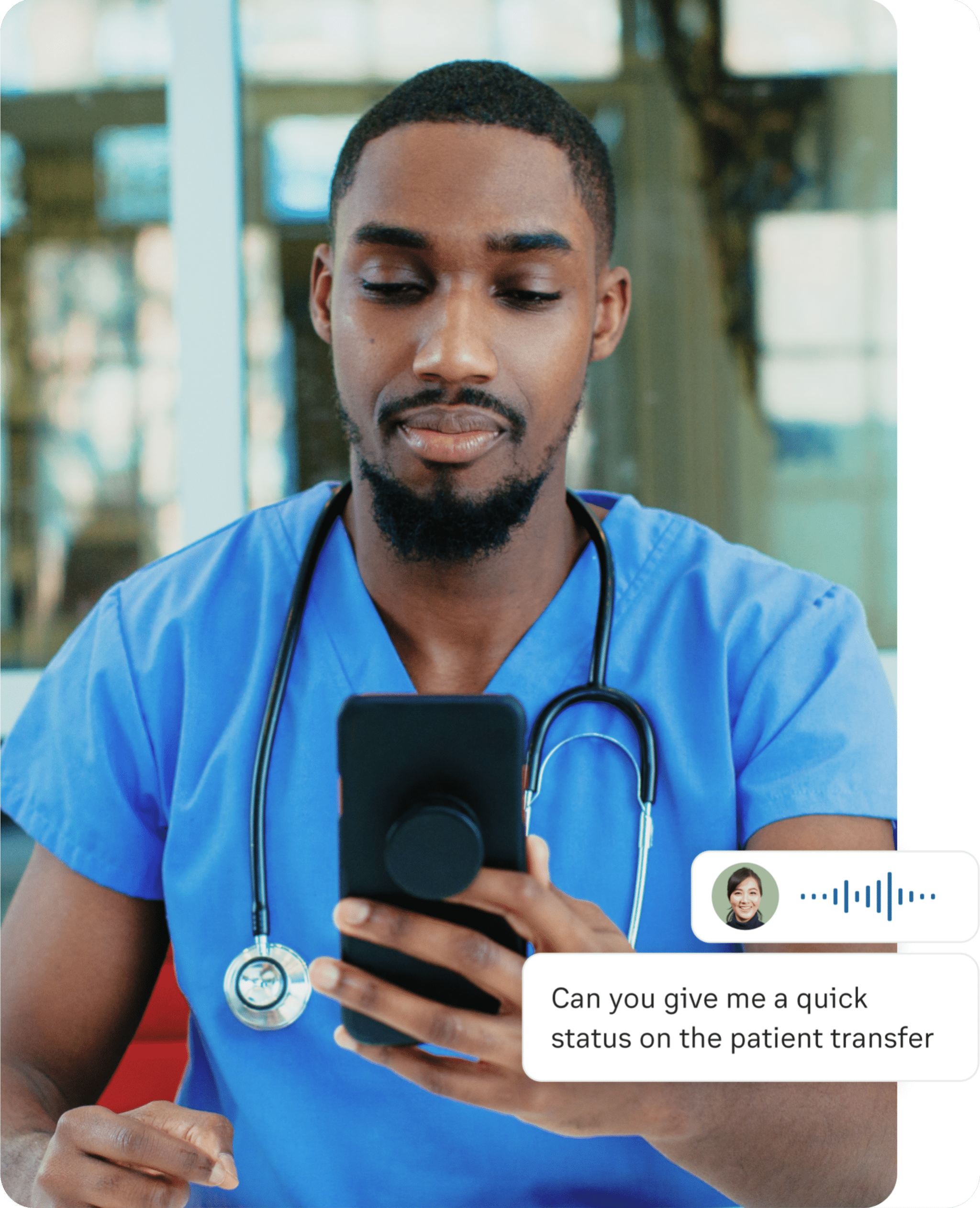 RingCentral for essential workers Nurse getting a push to talk call from a doctor about patient transfer