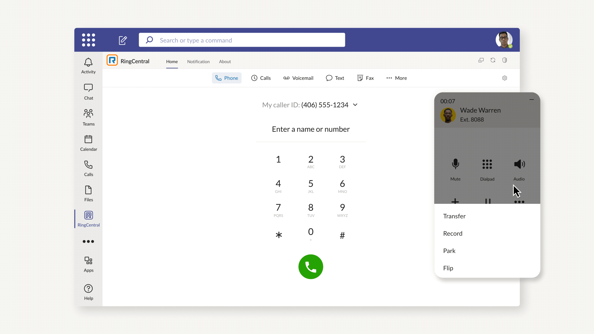 RingCentral for Microsoft Teams - call controls UI