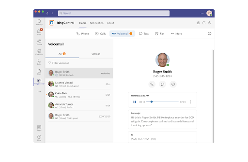 RingCentral for Microsoft Teams - voicemail UI