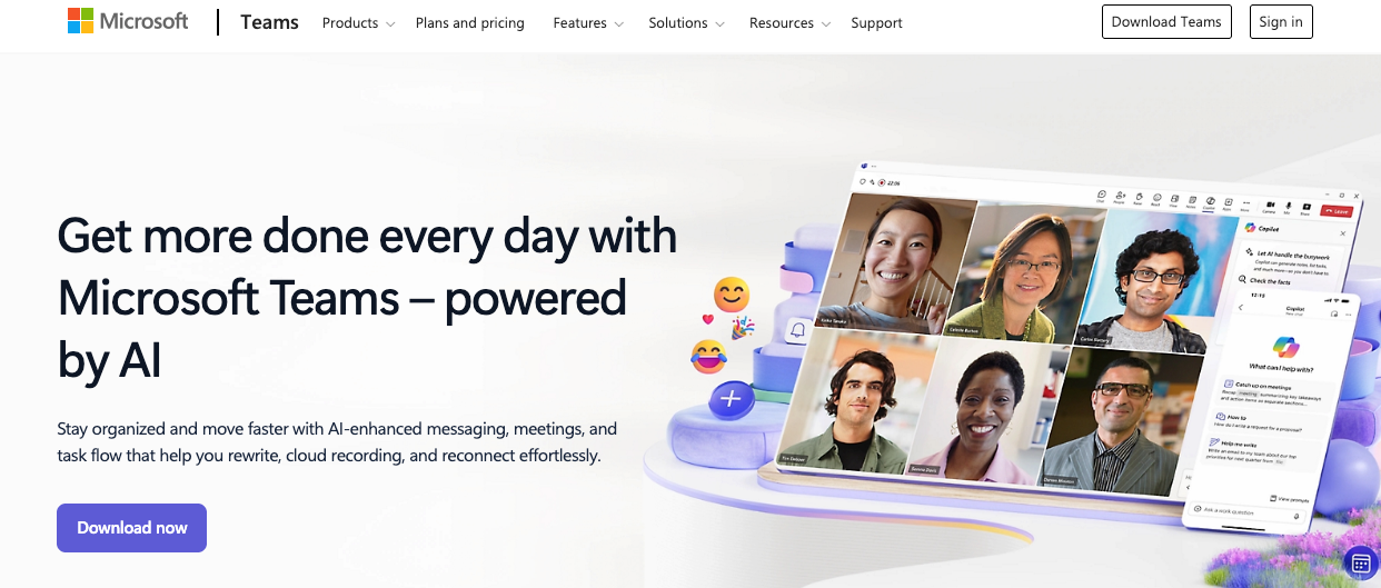 Microsoft Teams homepage showing a video call and the tagline “Get more done every day with Microsoft Teams—powered by AI”
