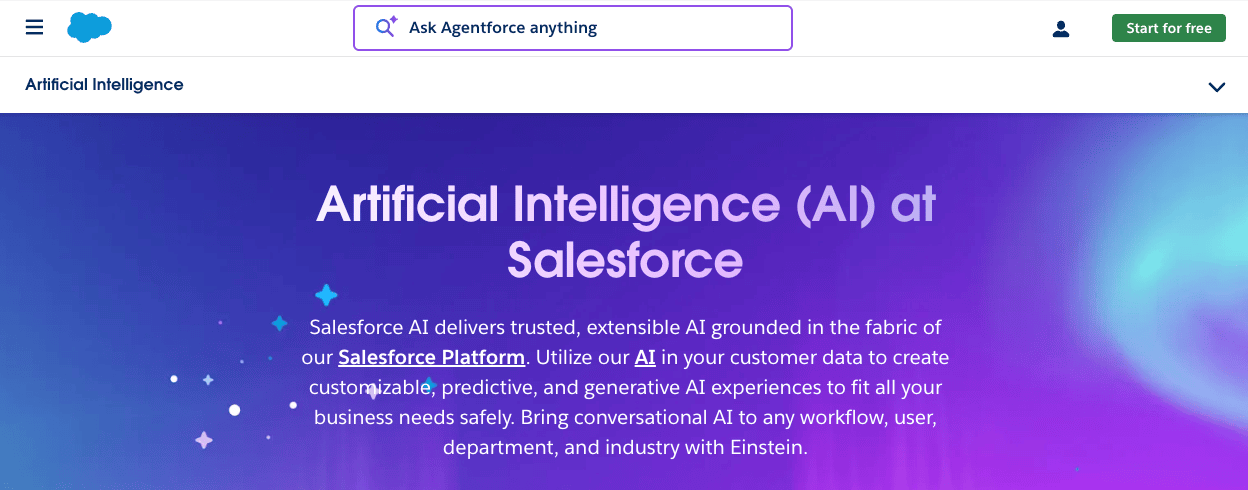The Salesforce Einstein homepage with a purple and blue background and tagline “Artificial Intelligence (AI) at Salesforce”
