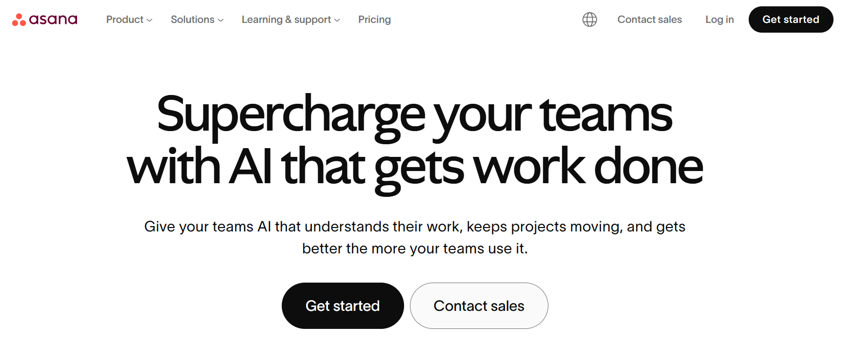The Asana homepage with a clean white background and the tagline “Supercharge your teams with AI that gets work done”