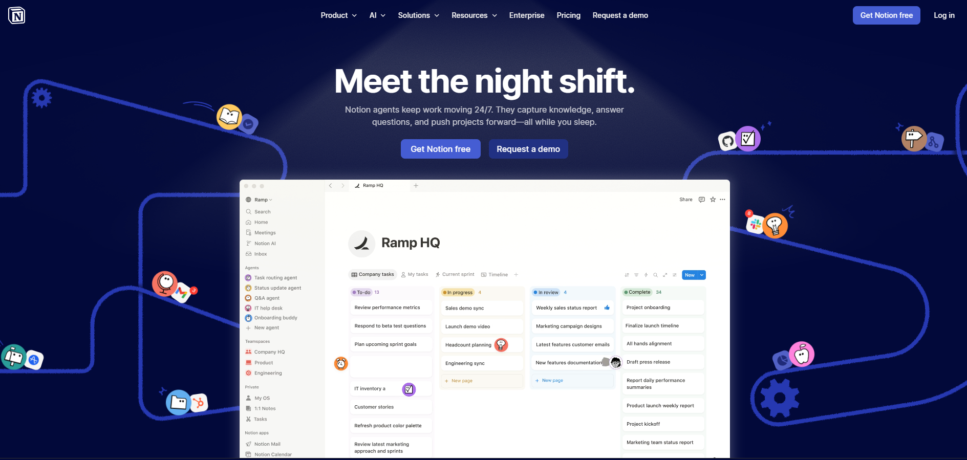 The Notion homepage with a dark blue background showing an automated workspace dashboard and the tagline “Meet the night shift.”