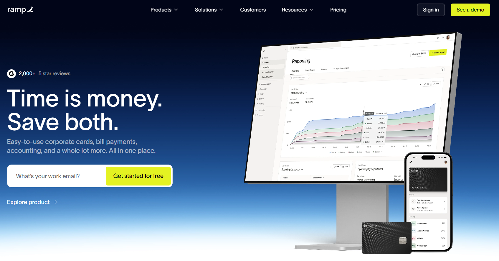 The Ramp homepage with a dark blue gradient background showing a desktop reporting dashboard and the tagline “Time is money. Save both.”