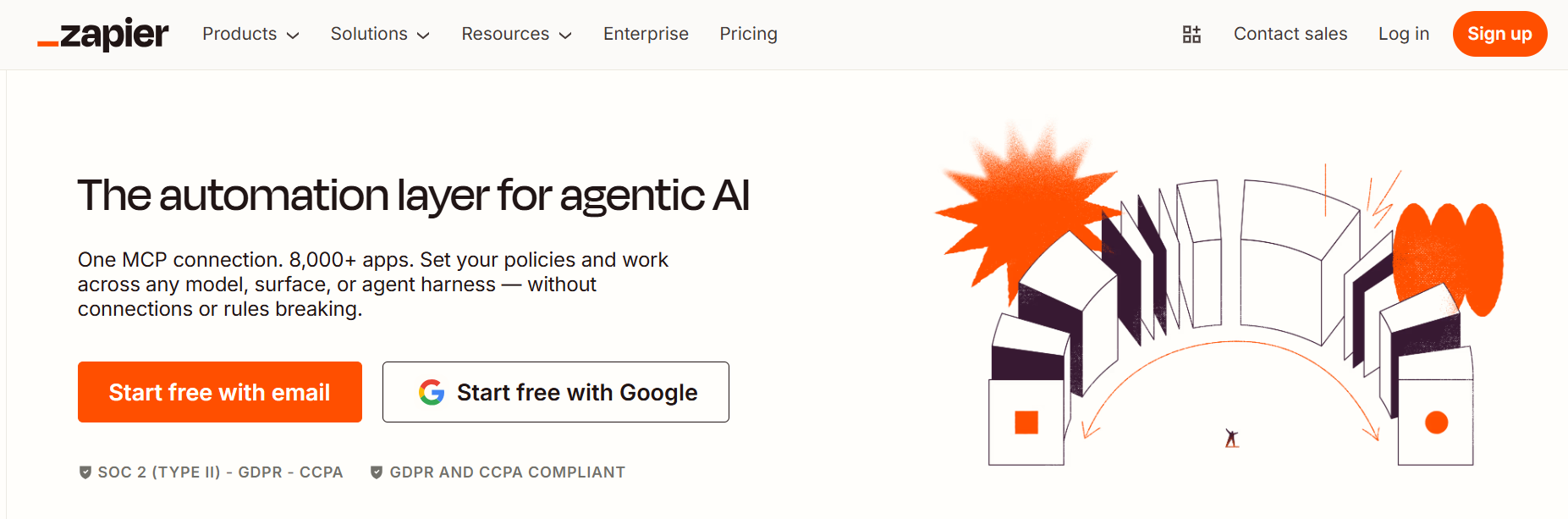 The Zapier homepage with a clean white background, abstract orange and black illustrations, and the tagline “The automation layer for agentic AI”