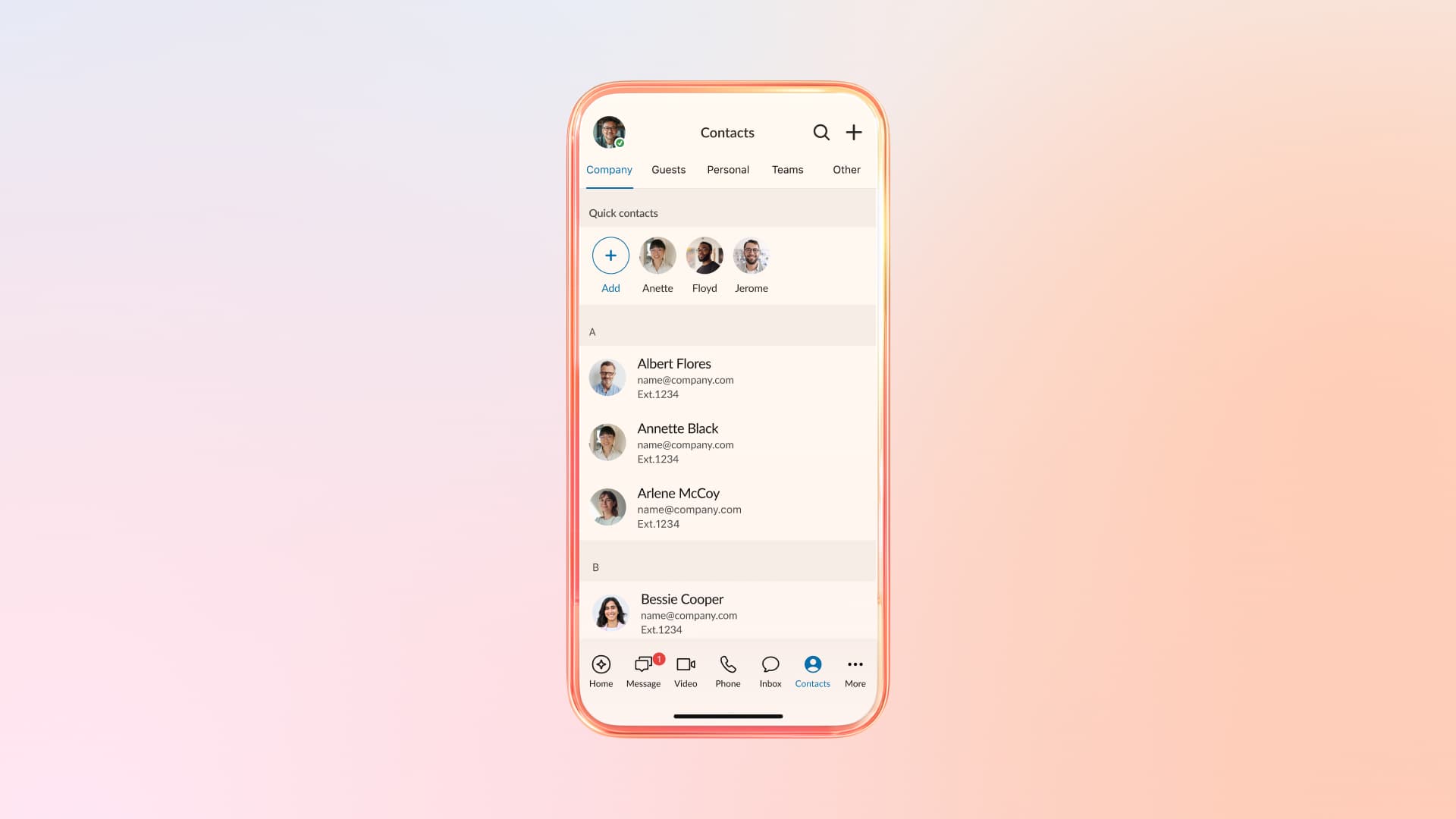 RingCentral Android app Contacts tab showing company contacts and quick-access favorites for starting a call