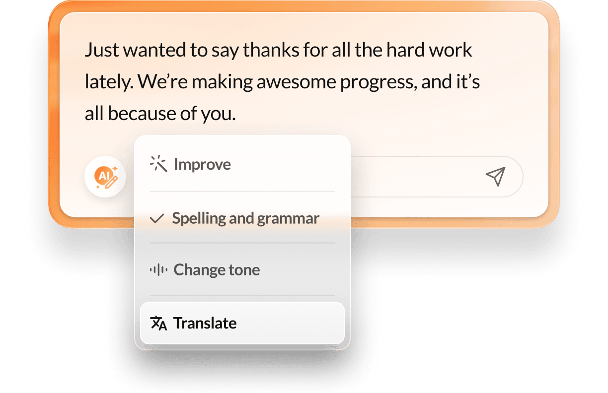 A message drafted in RingEX with AI options to improve content, check spelling and grammar, change the tone, or translate
