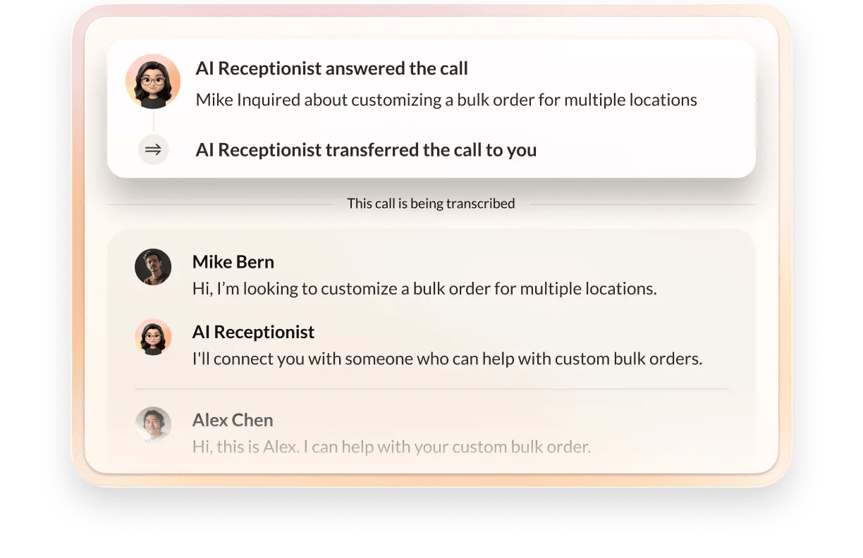 RingCentral's AI Receptionist answers a customer call and transfers the call and important context to a support agent