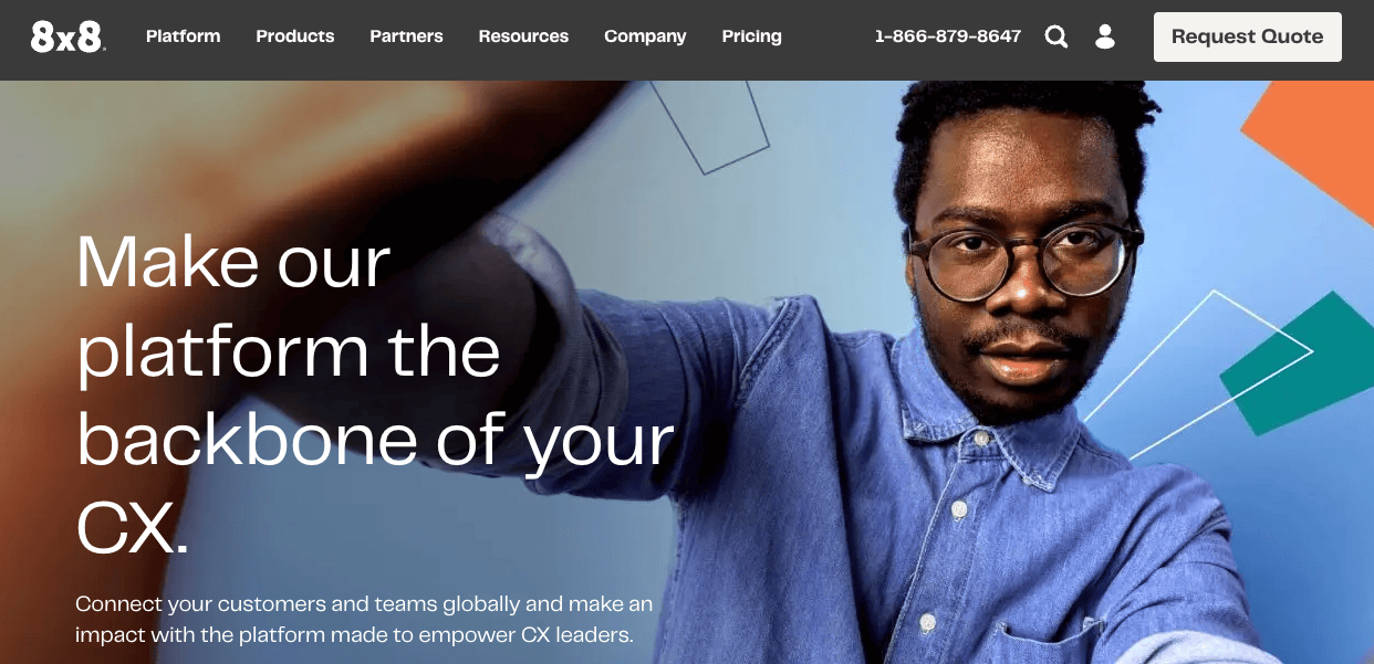 The 8x8 platform homepage with a person and the tagline “Make our platform the backbone of your CX” (Source: 8x8 platform homepage)