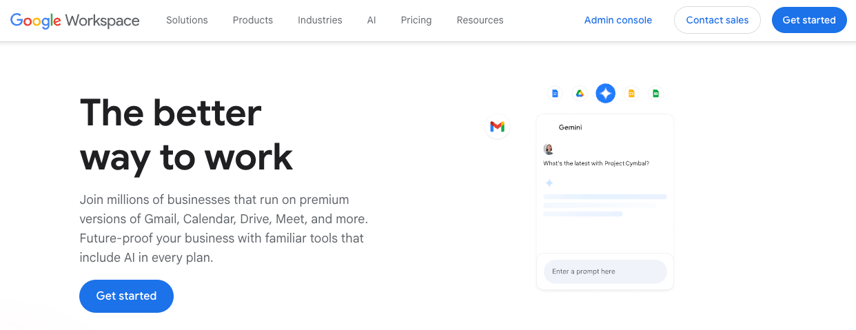 The Google Workspace homepage with a video of an employee asking Gemini AI questions and the tagline “The better way to work" (Source: Google Workspace)
