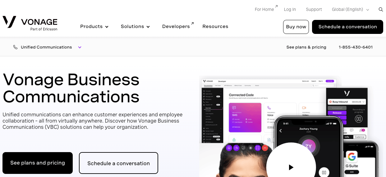 The Vonage Business Communications homepage, showing a demo video and options to view plans or schedule a call (Source: Vonage Unified Communications page)