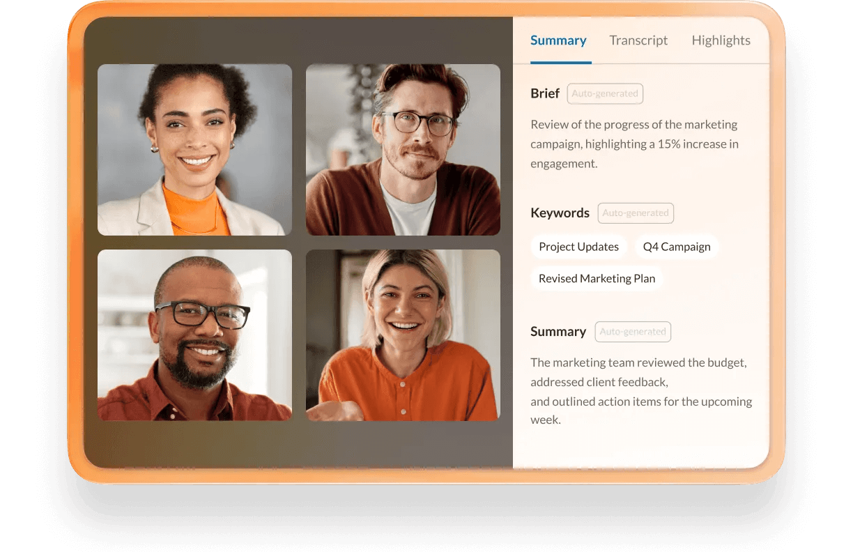 A RingEX video call shows a summary, keywords, and a brief to help employees get up to speed quickly