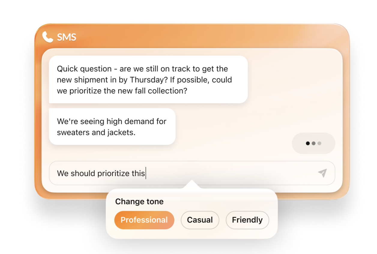 SMS chat interface showing a professional tone reply being typed, with a “Change tone” selector set to Professional