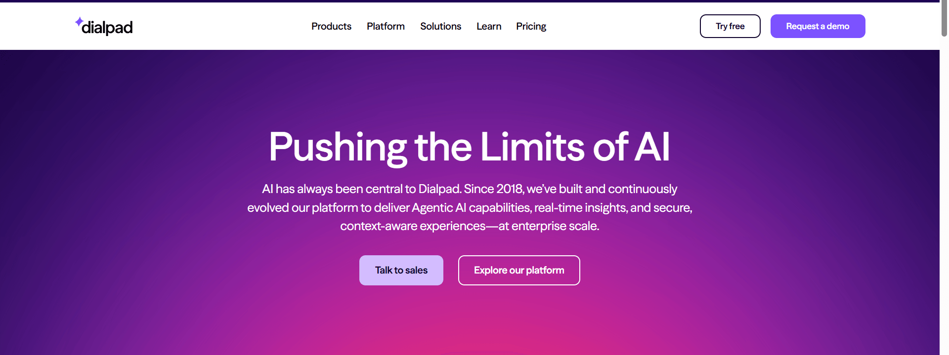 The Dialpad AI website says “Pushing the Limits of AI” and describes how the company has built AI tools since 2018