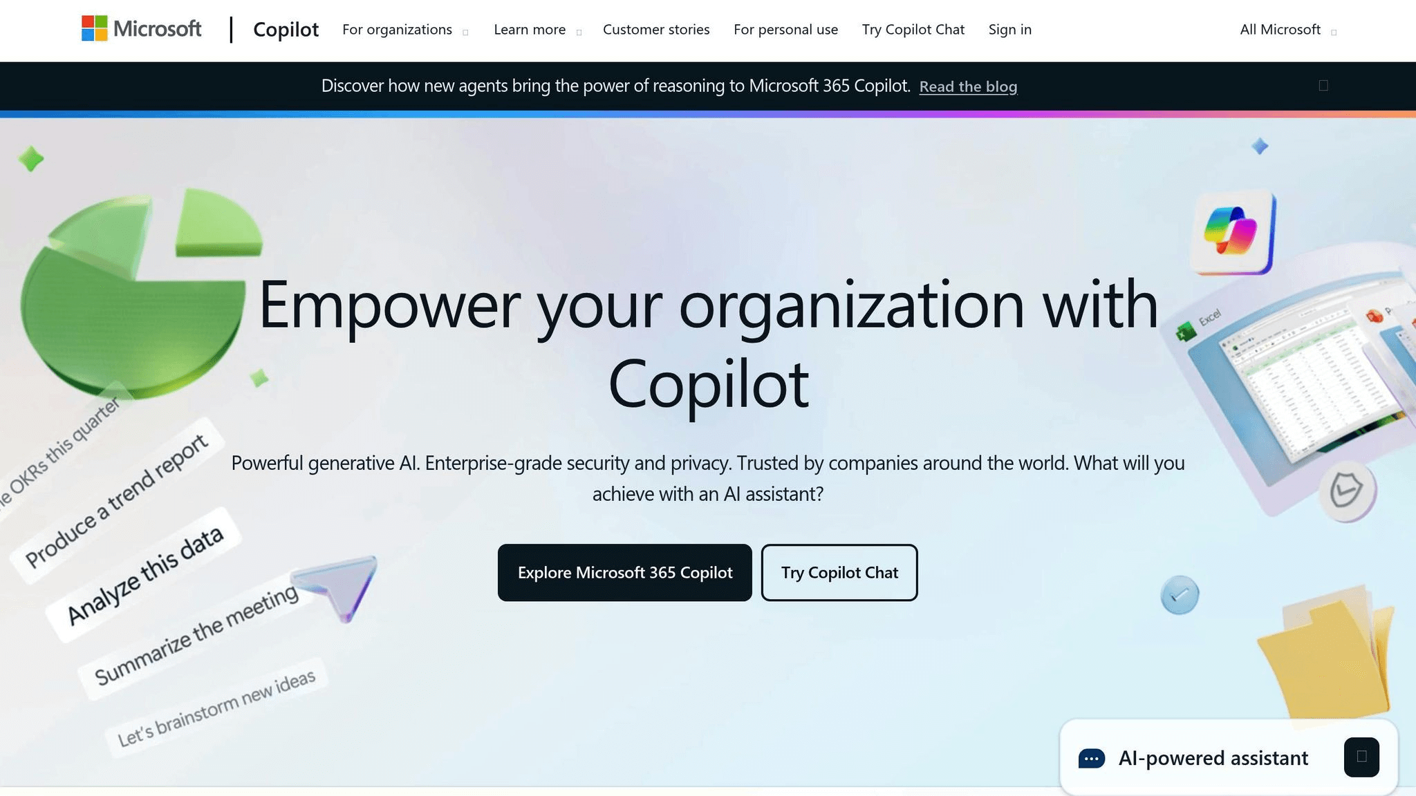 The Microsoft Copilot website, showing it can analyze data, summarize meetings, brainstorm ideas, and produce a trend report