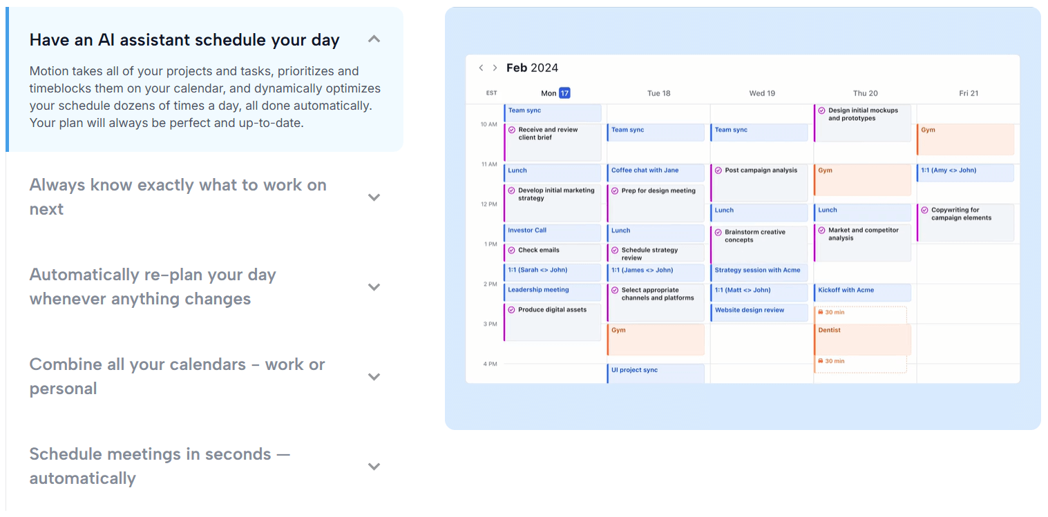 The Motion website AI Calendar Assistant helps optimize a workweek by moving scheduled meetings, deep work time, and tasks