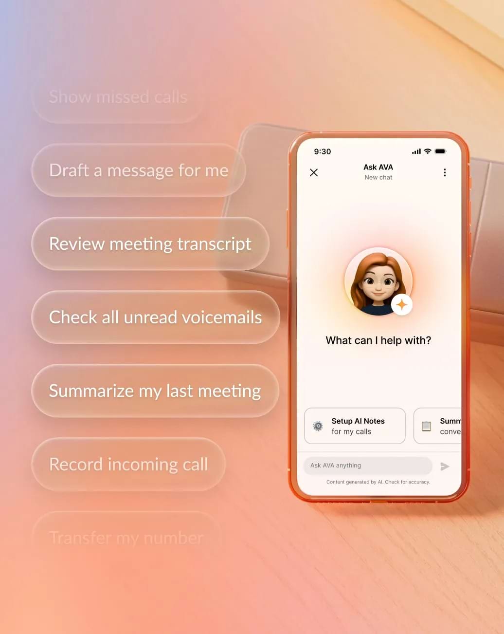 The AI Virtual Assistant (AVA) in the RingCentral mobile app with a memoji asking “What can I help with?