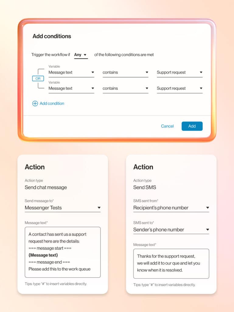 RingCentral workflow builder showing conditions and actions