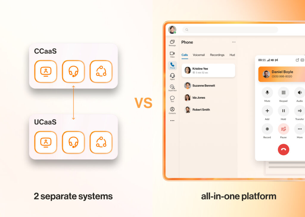 Side by side comparison of traditional siloed UC and CC systems vs RingCentral's unified platform