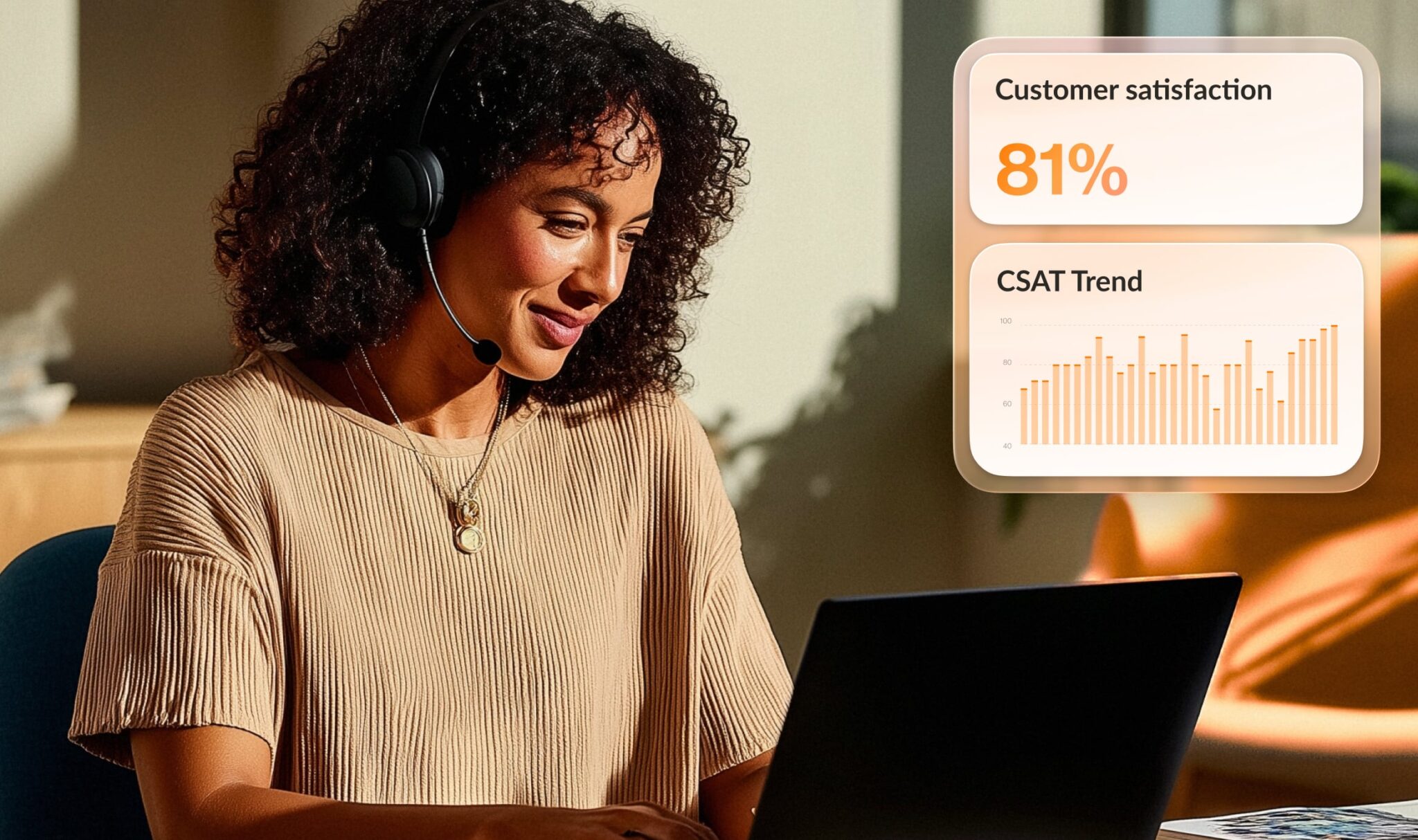 Women on laptop working customer rep RingSense conversational intelligence