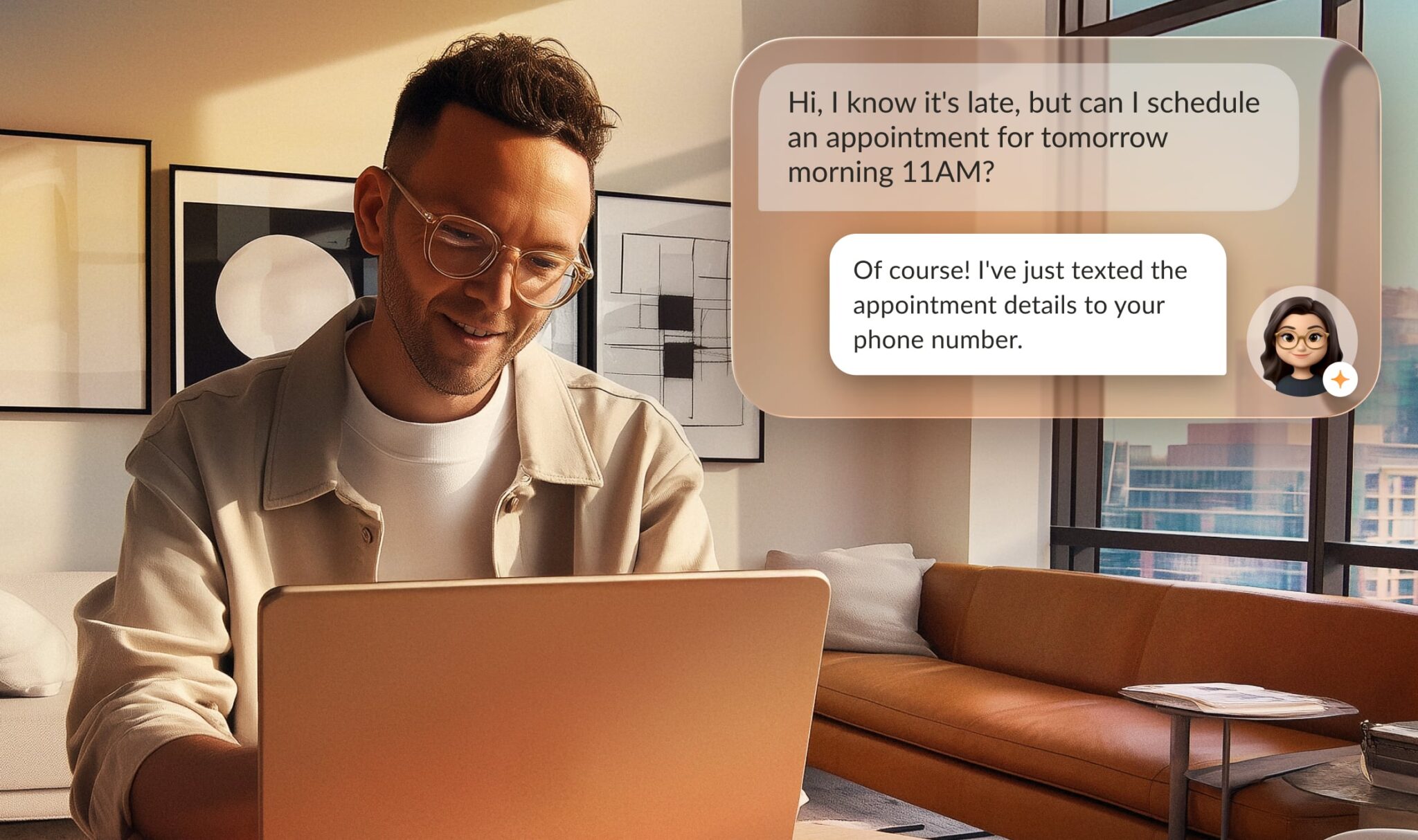 Man working at laptop customer rep RingCentral AI Receptionist