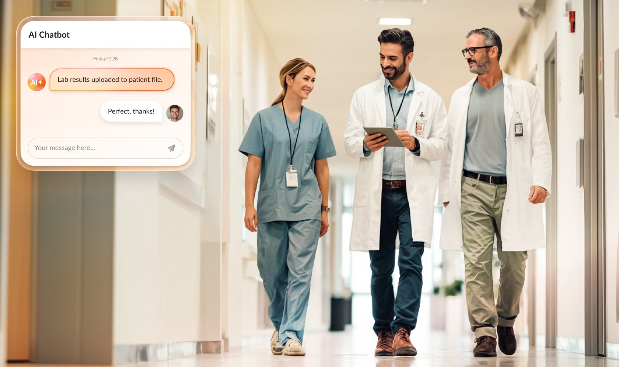 Three doctors walking down hall on ipad