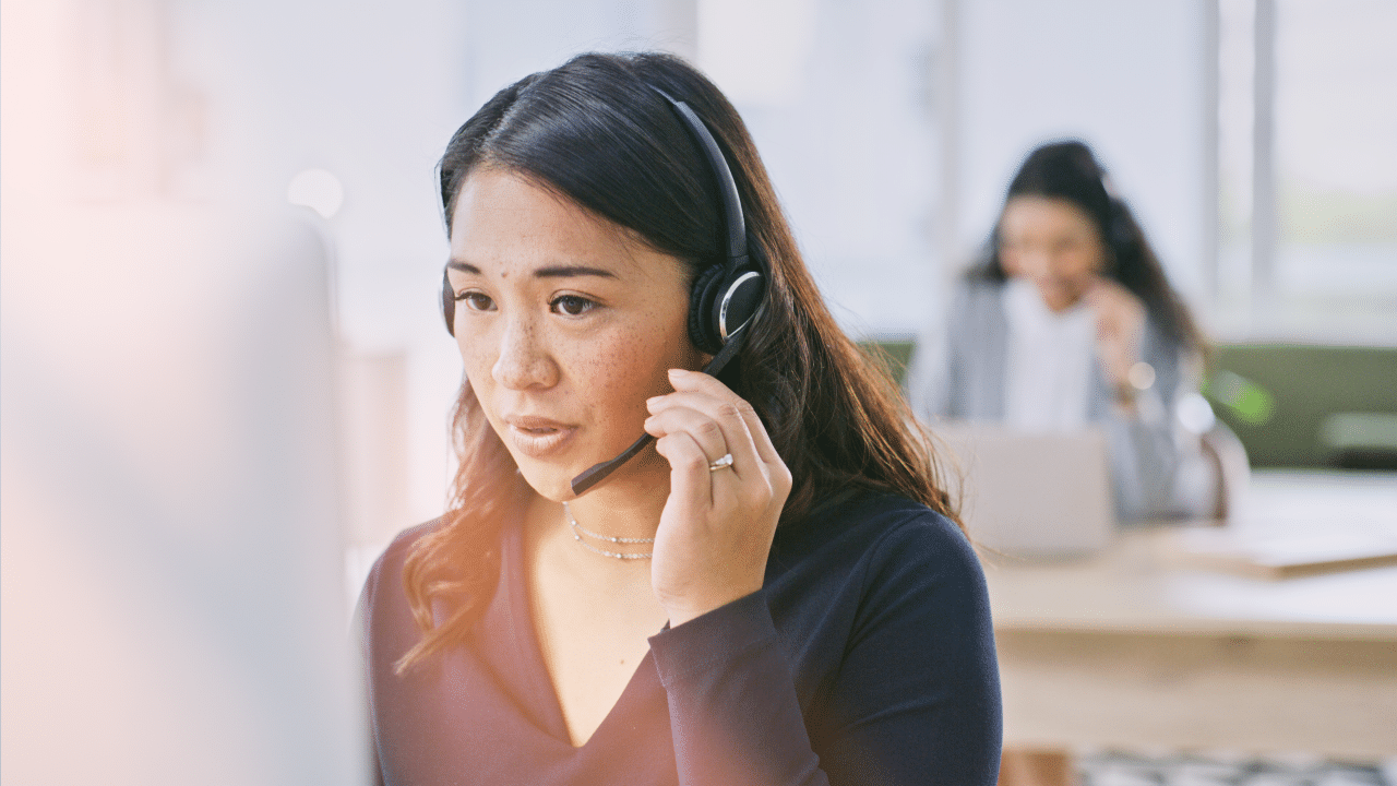Business, telemarketing or woman with call center, conversation or communication. Person, consultant or agent with headphones, telecom sale or customer service with tech support or crm with help desk