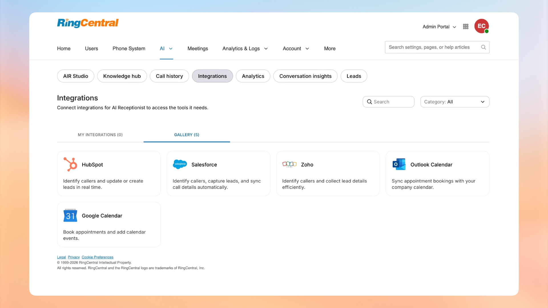 RingCentral AI Receptionist new integrations tab