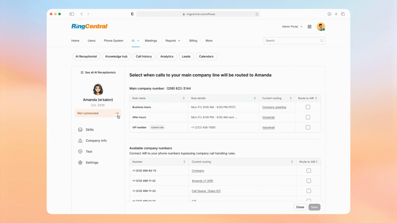 RingCentral AI Receptionist simplified number assignment