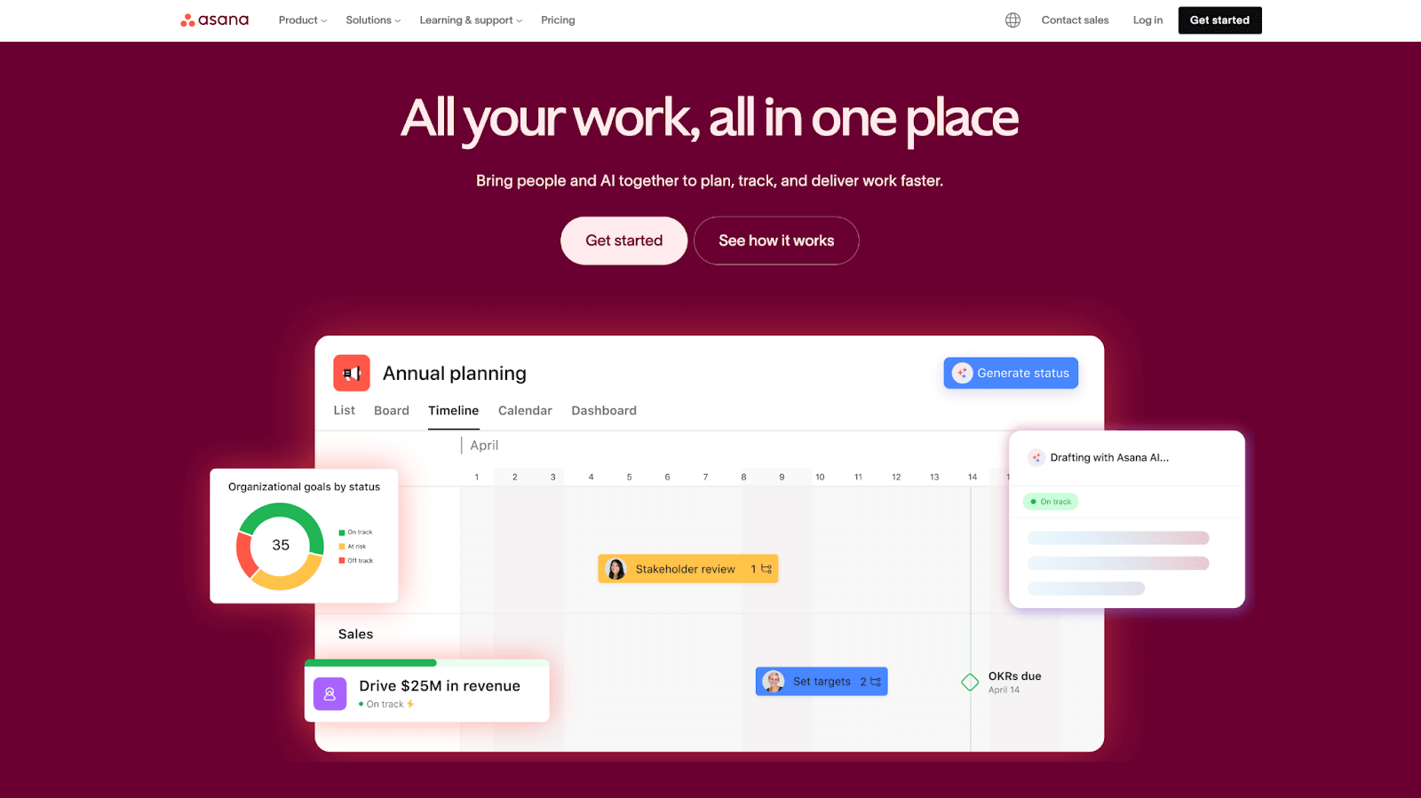 Asana homepage displaying an annual planning timeline with AI-generated project insights