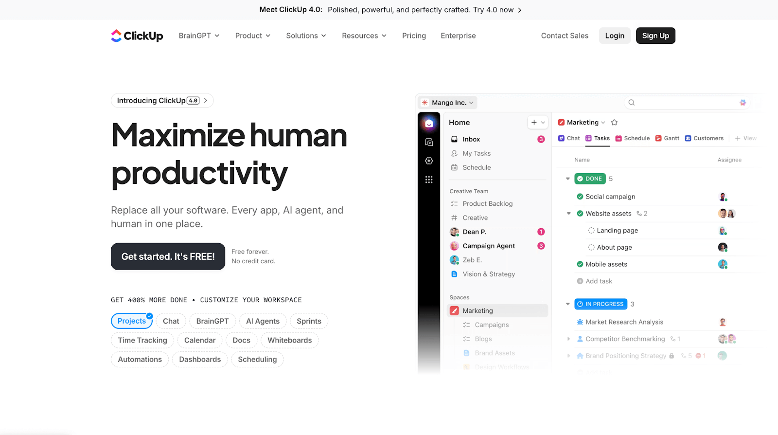ClickUp homepage promoting unified productivity with a task list and workspace navigation panel