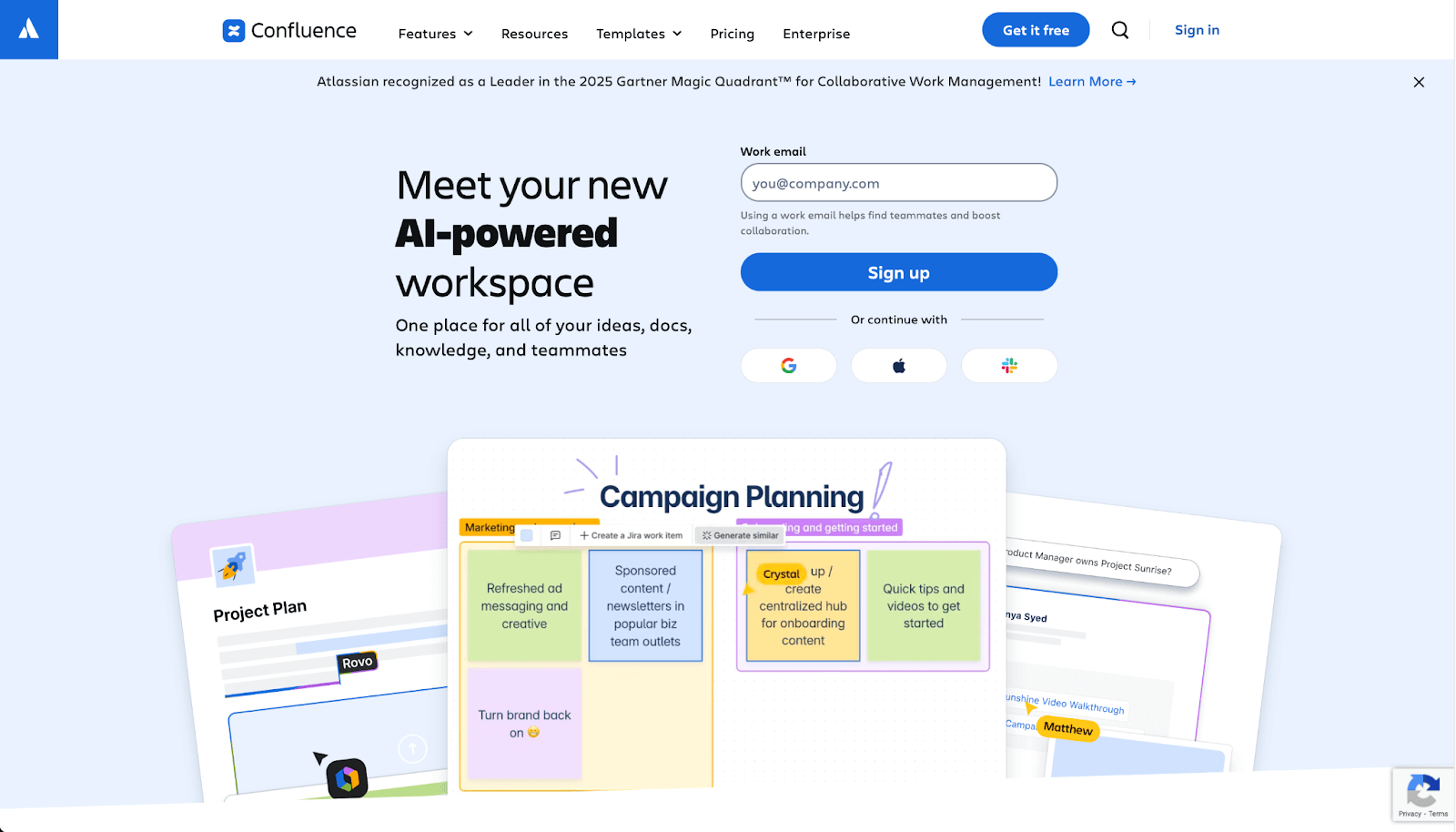 Confluence homepage showcasing an AI-powered workspace with a campaign planning board