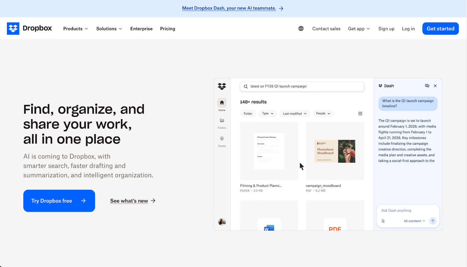 Dropbox homepage highlighting AI search, file organization, and a dashboard with document previews
