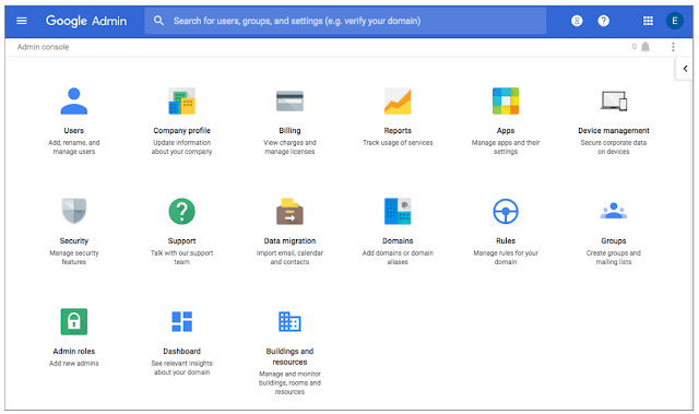 Google Admin console showing tiles for managing users, apps, security, domains, and support tools