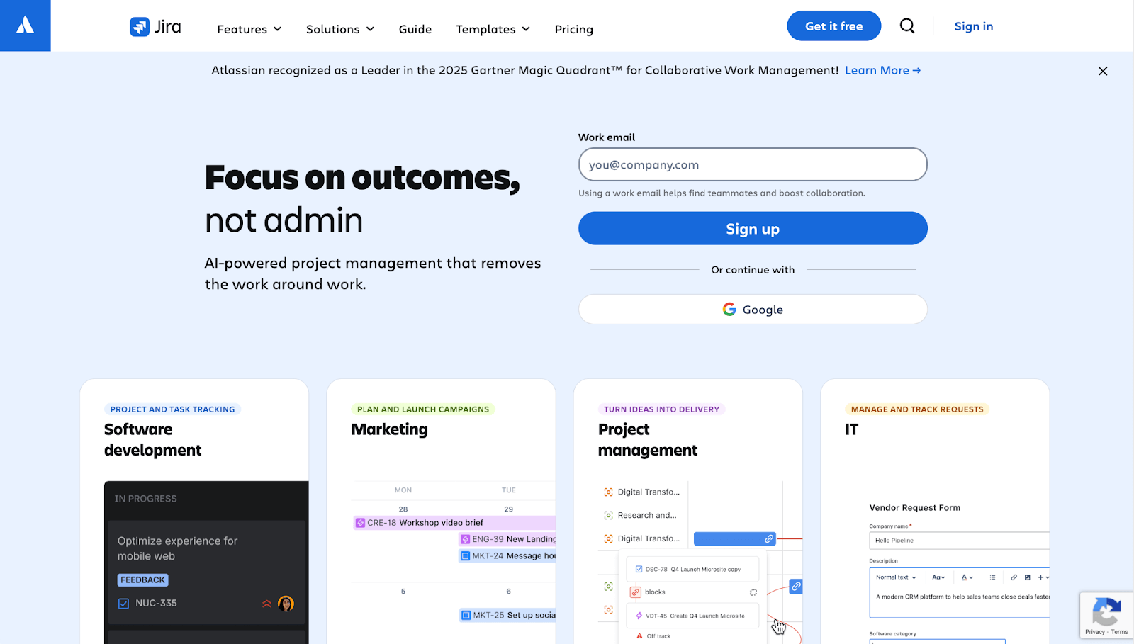 Jira homepage promoting AI project management with sample boards for software, marketing, and IT