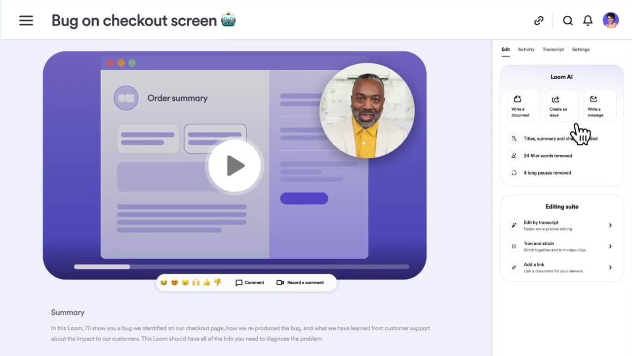 Loom AI screen showing a bug report video with AI options to create a doc, issue, or message