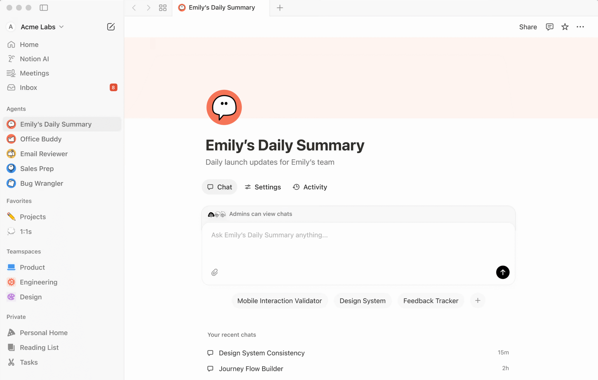Notion AI interface showing an AI agent summarizing updates and organizing work inside Notion