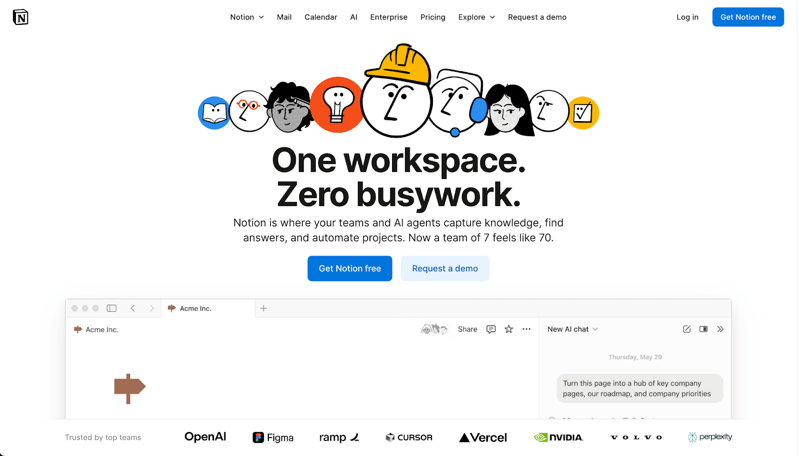 Notion homepage promoting an AI-powered workspace with team icons and a sample page preview