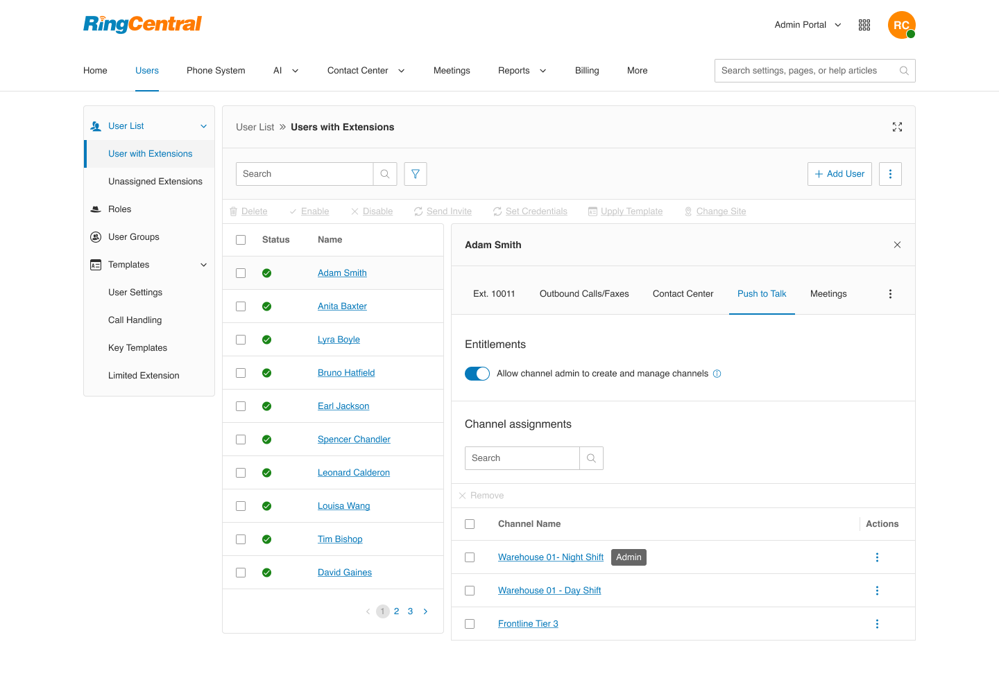 RingCentral Push to Talk admin portal